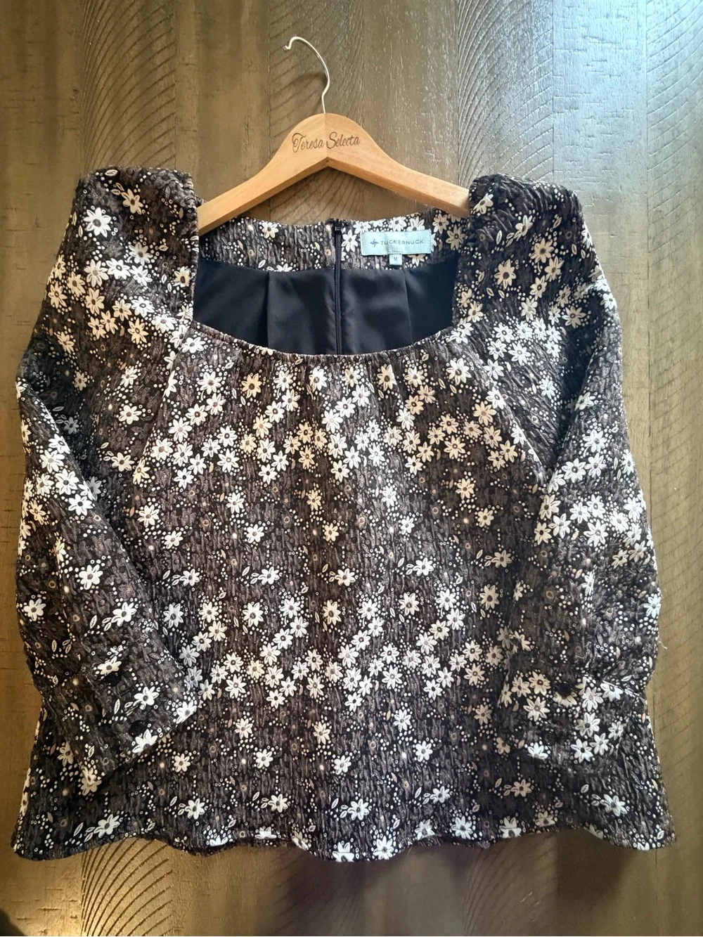 Tuckernuck Floral Puff Sleeve Blouse Top Brown Cream Size M Feminine Chic
